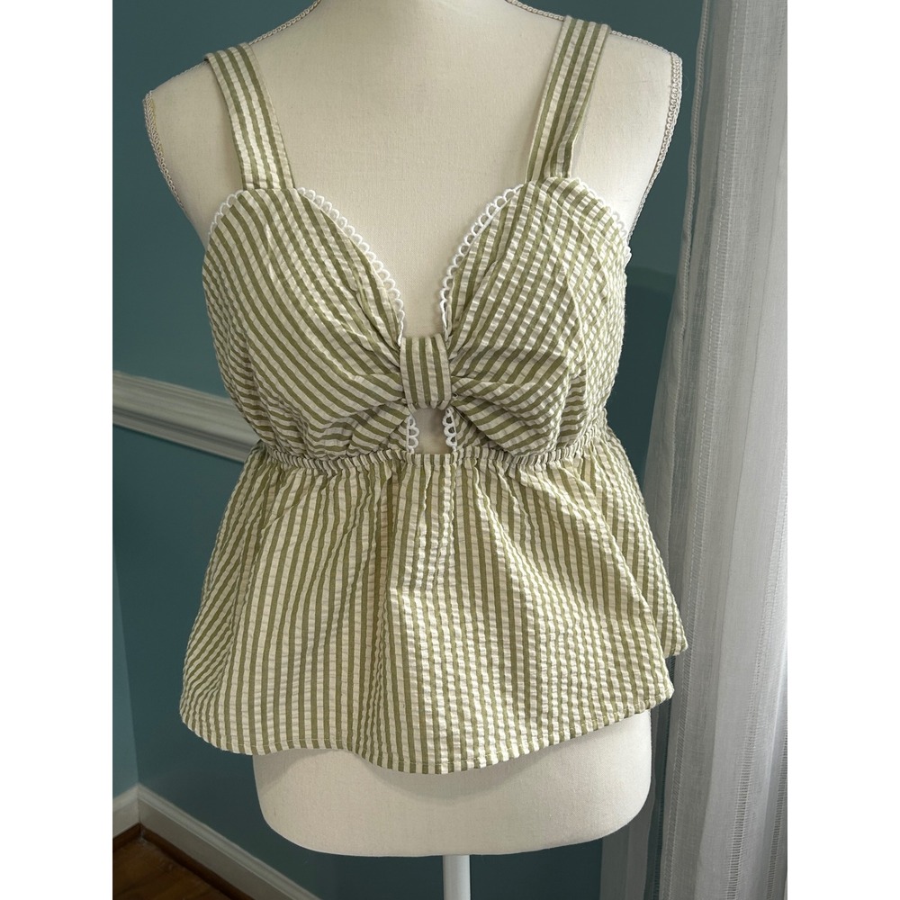 Monteau Los Angeles Green Seersucker Stripe Bow Front Peplum Top XL NWT
